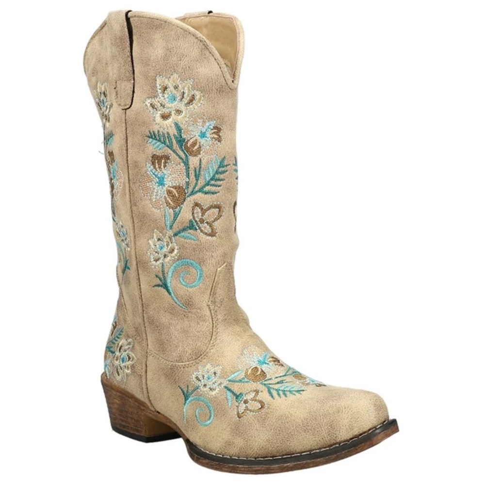 Roper Womens Riley Floral Embroidery Snip Toe Cowboy Mid Calf Boots